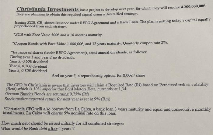 Christiania Investments has a project to develop next year, for which they will require 4.200.000,00 They are