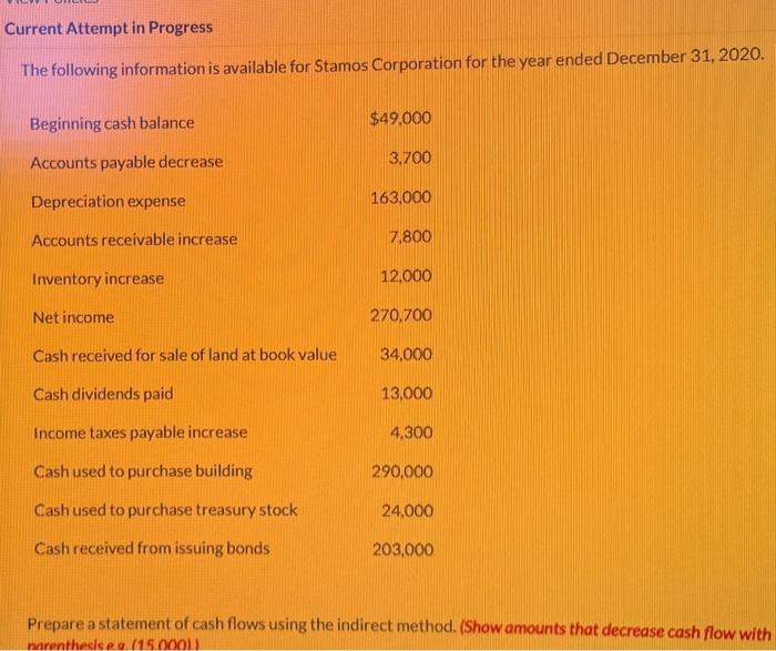 Current Attempt in ProgressThe following information is available for Stamos Corporation for the year ended December 31, 202