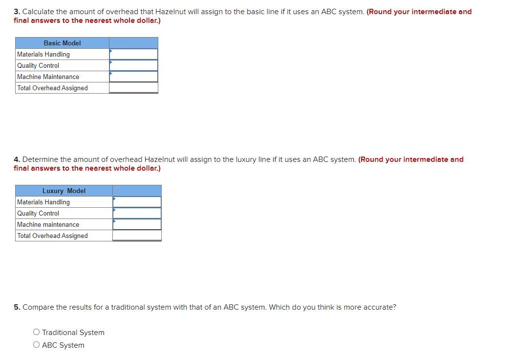 3. Calculate the amount of overhead that Hazelnut will assign to the basic line if it uses an ABC system. (Round your interme