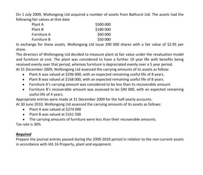 On 1 July 2009, Wollongong Ltd acquired a number of assets from Bathurst Ltd. The assets had the following fair values at tha