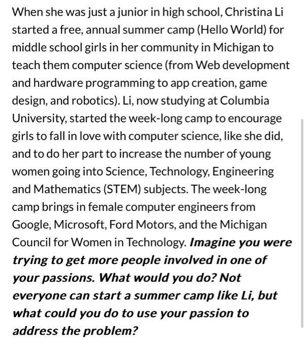 When she was just a junior in high school, Christina Li started a free, annual summer camp (Hello World) for middle school gi