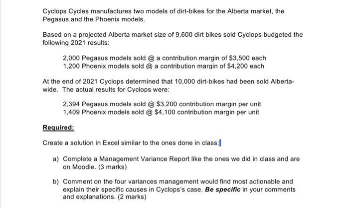 Cyclops Cycles manufactures two models of dirt-bikes for the Alberta market, the Pegasus and the Phoenix models. Based on a p