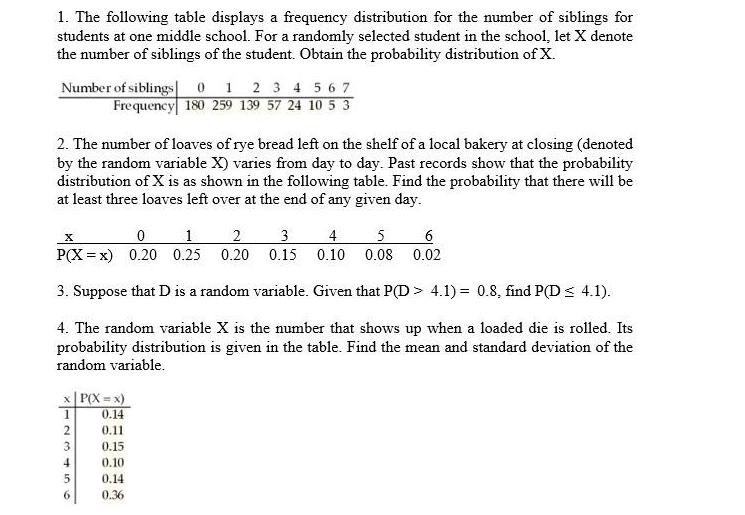 1. The following table displays a frequency distribution for the number of siblings for students at one