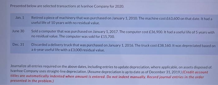 Presented below are selected transactions at Ivanhoe Company for 2020. Jan. 1 Retired a piece of machinery that was purchased