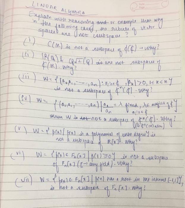 LINEAR ALGEBRA Explain with reasoning ant or example that following cases, the subsets  Inot   ?  ) )     4)