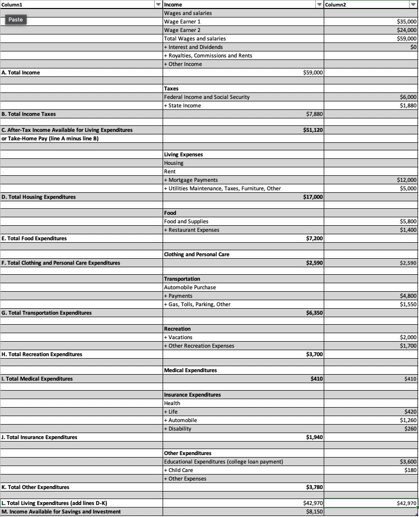 Column1 Paste A. Total Income B. Total Income Taxes C. After-Tax Income Available for Living Expenditures or