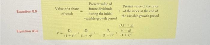 Equation ( 8.9 quad ) Value of a share of stock Equation ( 8.9 ) a [ V=frac{D_{1}}{(1+r)^{2}}+frac{D_{2}}{(1+r)^{2}}+
