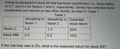 Sandy is interested in stock SS that has factor sensitivities, i.e., factor betas, of ( 0.7 ), and ( 0.5 ) for factors 1
