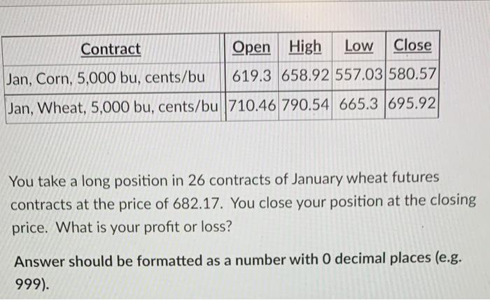 You take a long position in 26 contracts of January wheat futures contracts at the price of ( 682.17 ). You close your posi