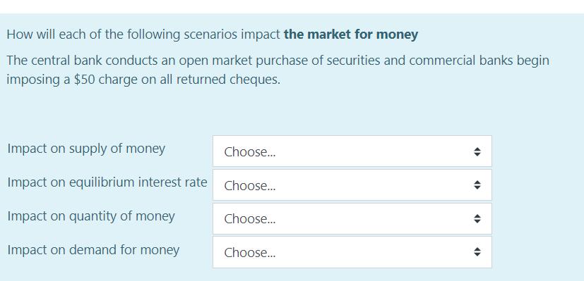 How will each of the following scenarios impact the market for money The central bank conducts an open market purchase of sec