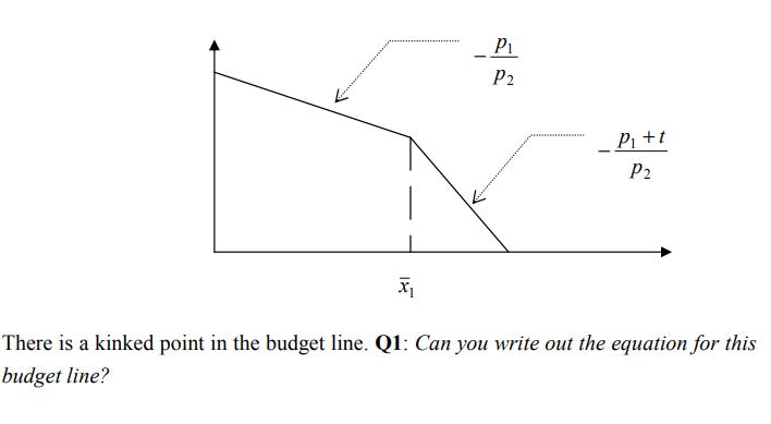There is a kinked point in the budget line. Q1: Can you write out the equation for this budget line?