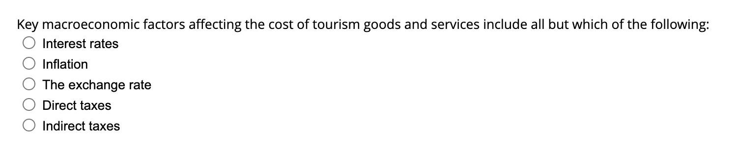 Key macroeconomic factors affecting the cost of tourism goods and services include all but which of the following: Interest r