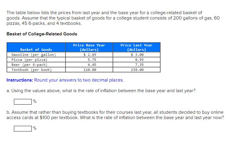 The table below lists the prices from last year and the base year for a college-related basket of goods. Assume that the typi