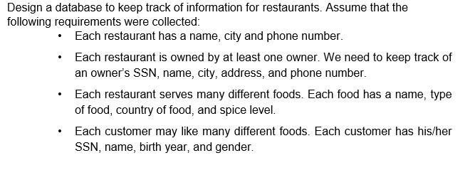 Design a database to keep track of information for restaurants. Assume that the following requirements were