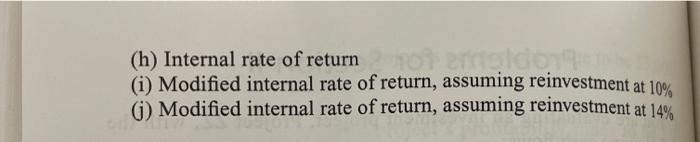 (h) Internal rate of return (i) Modified internal rate of return, assuming reinvestment at ( 10 % ) (j) Modified internal