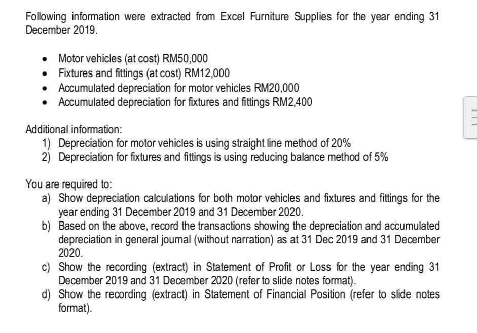 Following information were extracted from Excel Furniture Supplies for the year ending 31 December 2019. - Motor vehicles (at