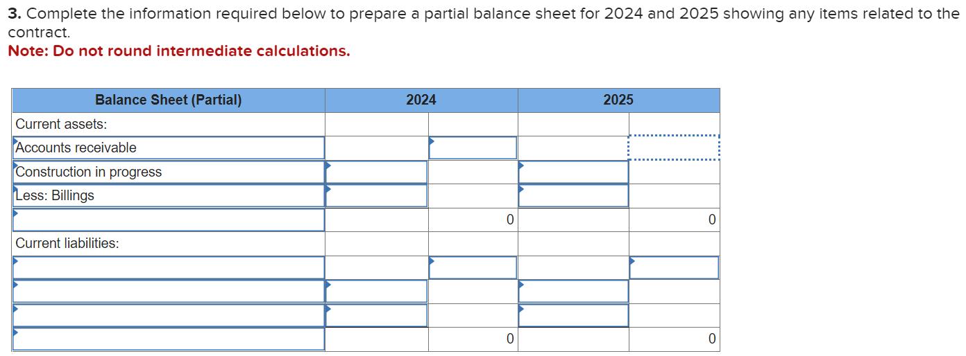 3. Complete the information required below to prepare a partial balance sheet for 2024 and 2025 showing any items related to
