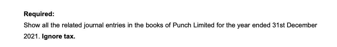 Required: Show all the related journal entries in the books of Punch Limited for the year ended 31st December