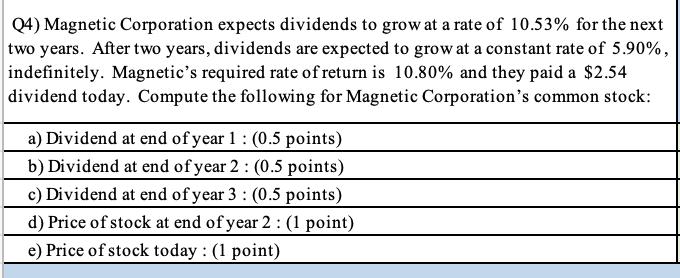 Q4) Magnetic Corporation expects dividends to grow at a rate of ( 10.53 % ) for the next two years. After two years, divid