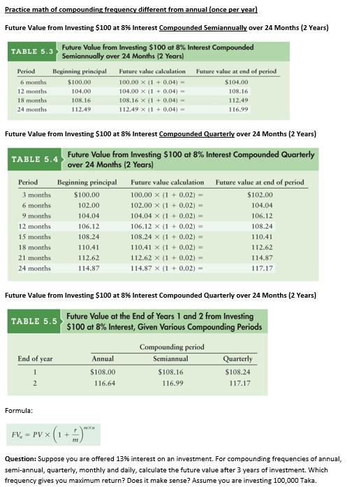 Practice math of compounding frequency different from annual (once per year) Future Value from Investing ( $ 100 ) at ( 8