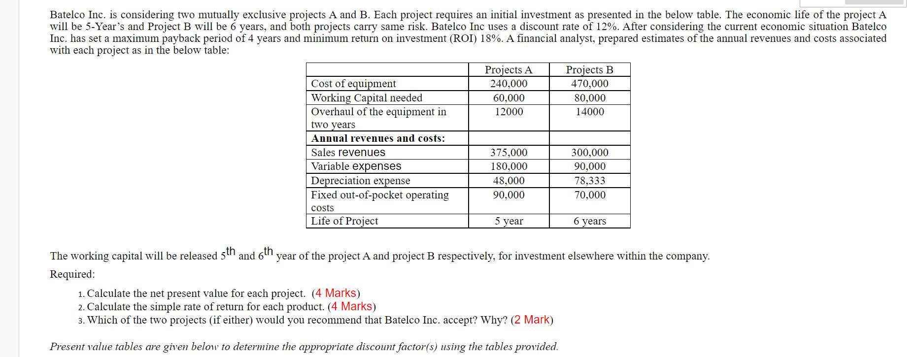 Batelco Inc. is considering two mutually exclusive projects A and B. Each project requires an initial