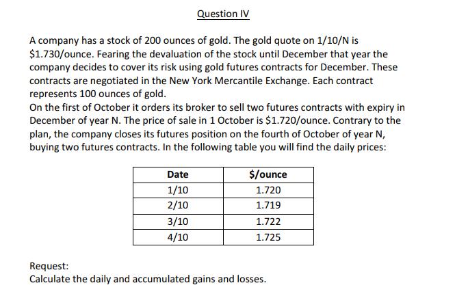 Question IV A company has a stock of 200 ounces of gold. The gold quote on 1/10/N is $1.730/ounce. Fearing the devaluation of