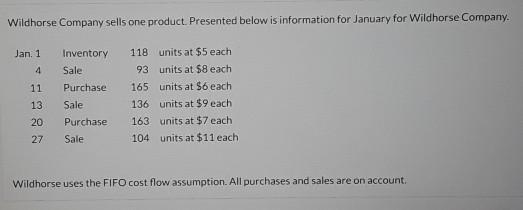 Wildhorse Company sells one product. Presented below is information for January for Wildhorse Company Jan. 1 4Inventory Sale