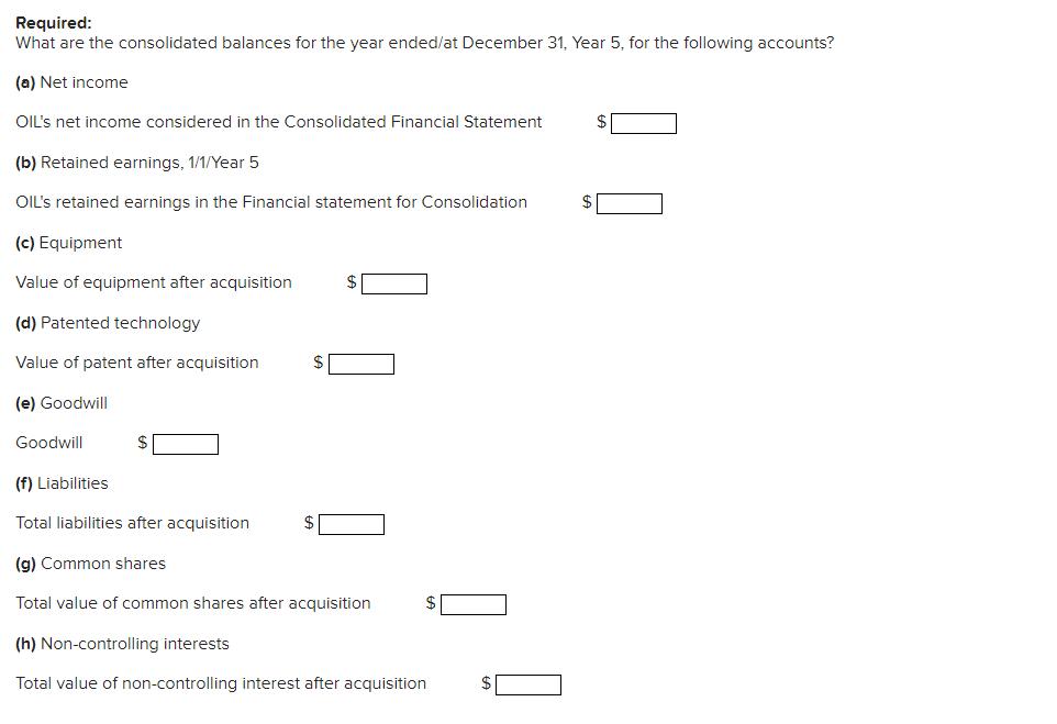 Required: What are the consolidated balances for the year ended/at December 31, Year 5, for the following accounts? (a) Net i