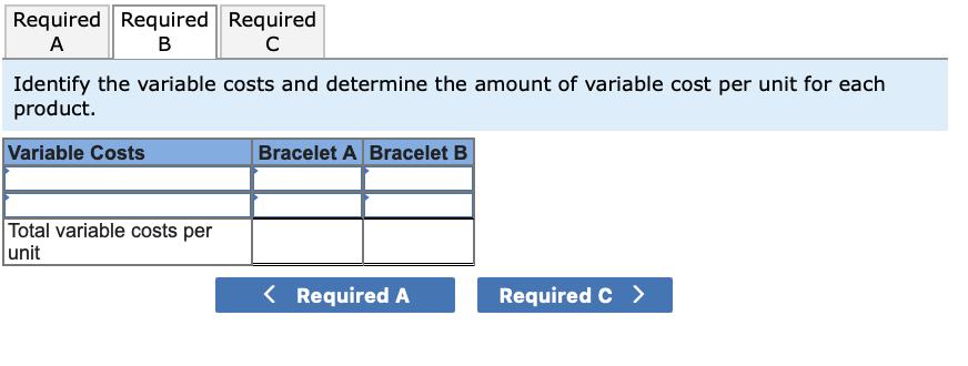 Required Required RequiredAB сIdentify the variable costs and determine the amount of variable cost per unit for eachprod