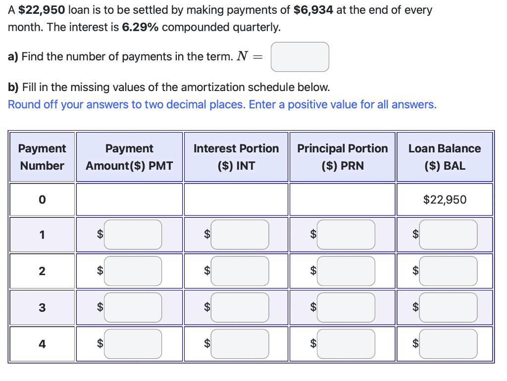 A ( $ 22,950 ) loan is to be settled by making payments of ( $ 6,934 ) at the end of every month. The interest is ( m