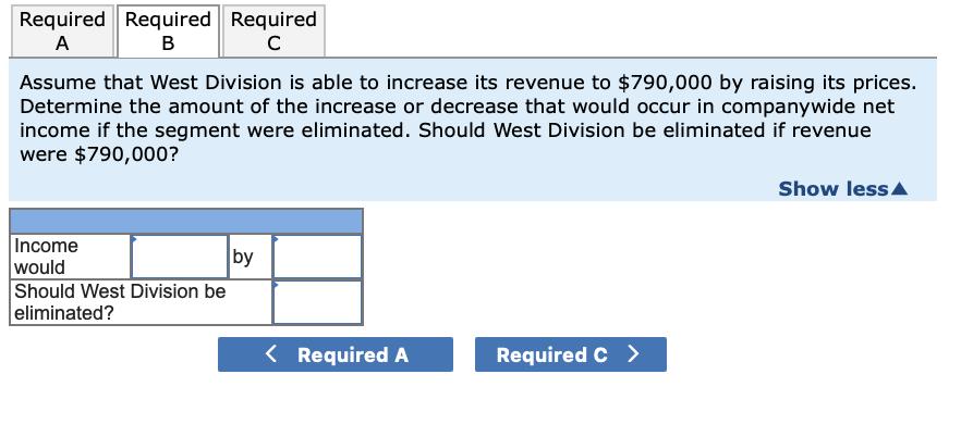 Required Required RequiredABсAssume that West Division is able to increase its revenue to $790,000 by raising its prices.