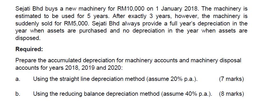 Sejati Bhd buys a new machinery for RM10,000 on 1 January 2018. The machinery is estimated to be used for 5 years. After exac