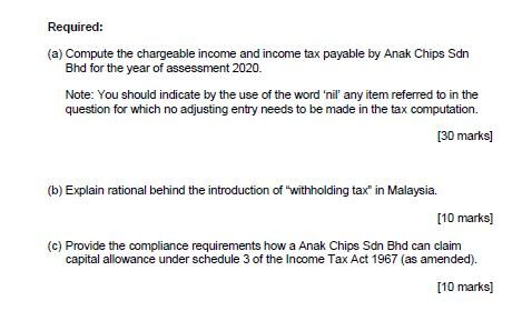 Required:(a) Compute the chargeable income and income tax payable by Anak Chips Sdn Bhd for the year of assessment 2020.No