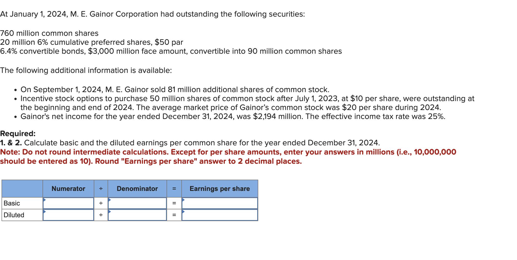 At January 1, 2024, M. E. Gainor Corporation had outstanding the following securities: 760 million common shares 20 million 