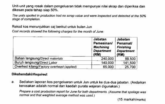 Unit-unit yang rosak dalam pengeluaran tidak mempunyai nilai skrap dan diperiksa dan dikesan pada tahap siap 50%. The unuts s