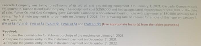Cascade Company was trying to sell some of its old oil and gas dilling equipment On January 1 2021, Cascade Company sold equi