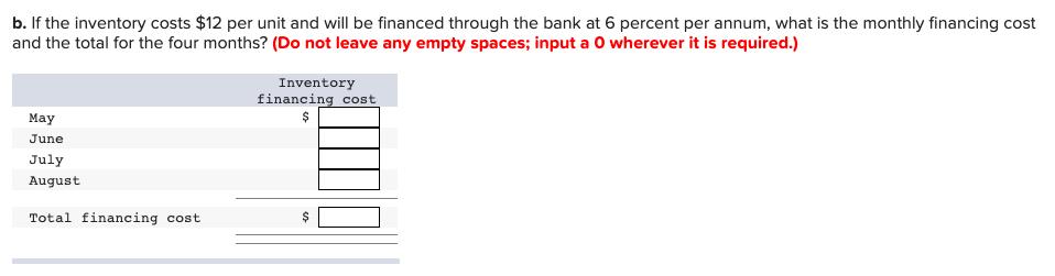 b. If the inventory costs ( $ 12 ) per unit and will be financed through the bank at 6 percent per annum, what is the mont