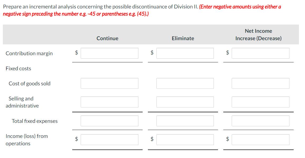 Prepare an incremental analysis concerning the possible discontinuance of Division II. (Enter negative amounts using either a