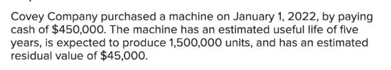 Covey Company purchased a machine on January 1, 2022, by paying cash of $450,000. The machine has an