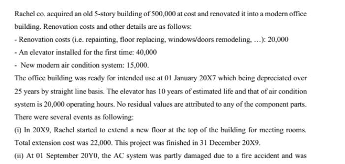 Rachel co. acquired an old 5-story building of 500,000 at cost and renovated it into a modern office