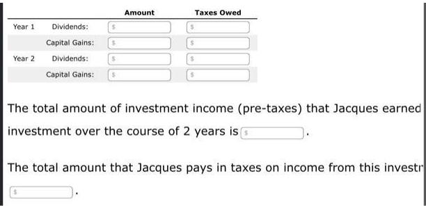 Year 1 Year 2 Dividends: $ Capital Gains: $ Dividends: $ Capital Gains: $ Amount $ $ S Taxes Owed The total