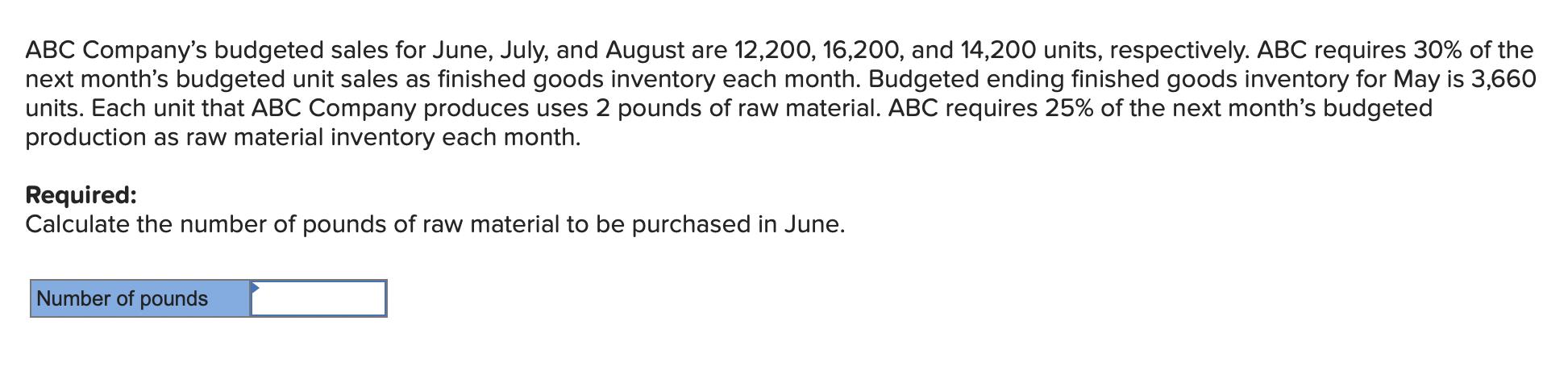 ABC Companys budgeted sales for June, July, and August are ( 12,200,16,200 ), and 14,200 units, respectively. ABC requires