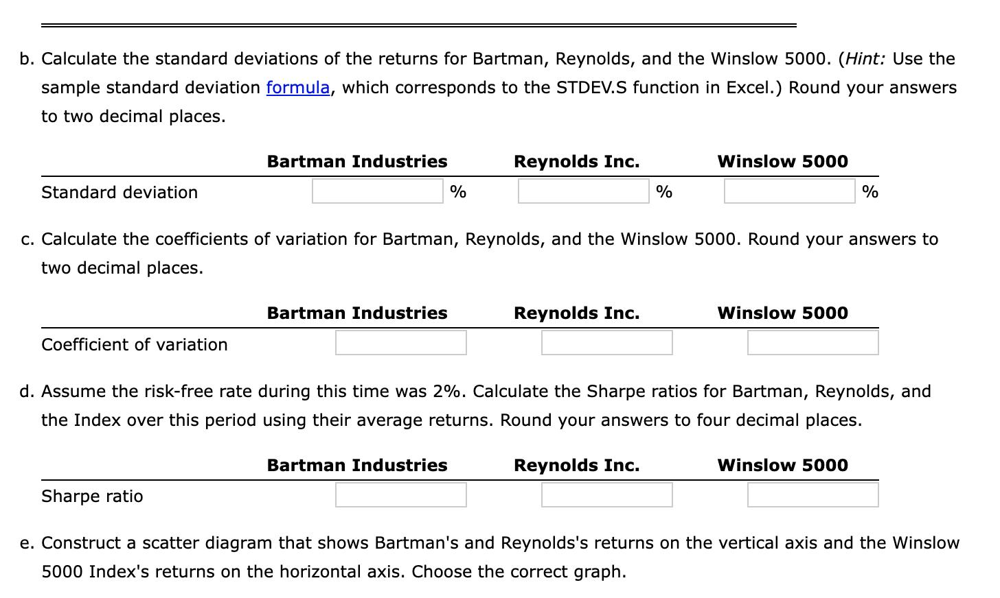 b. Calculate the standard deviations of the returns for Bartman, Reynolds, and the Winslow 5000 . (Hint: Use the sample stand