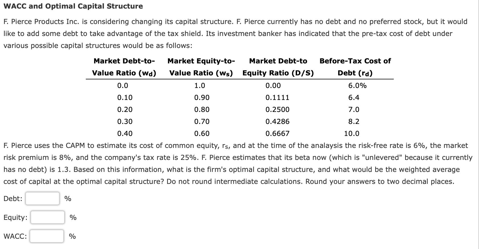 WACC and Optimal Capital Structure F. Pierce Products Inc. is considering changing its capital structure. F. Pierce currently