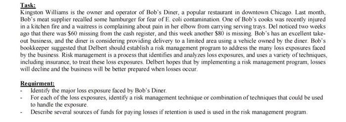 Task: Kingston Williams is the owner and operator of Bobs Diner, a popular restaurant in downtown Chicago. Last month, Bobs