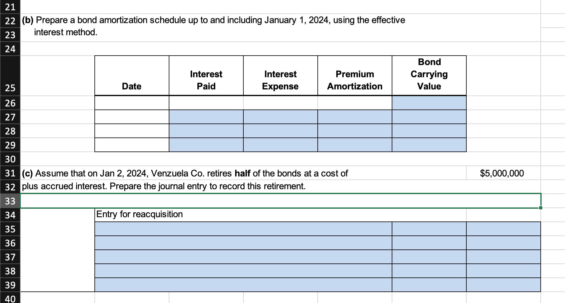 (b) Prepare a bond amortization schedule up to and including January 1,2024 , using the effective interest method.