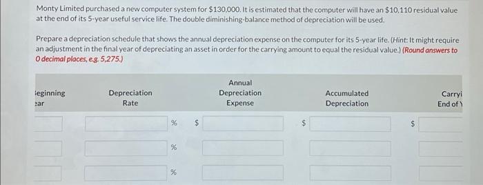 Monty Limited purchased a new computer system for ( $ 130,000 ). It is estimated that the computer will have an ( $ 10,1