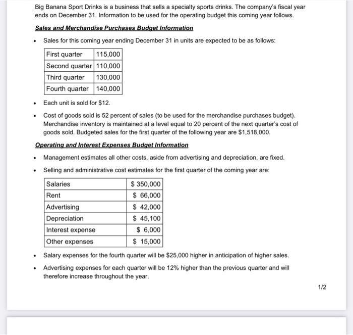 Big Banana Sport Drinks is a business that sells a specialty sports drinks. The companys fiscal year ends on December 31 . I