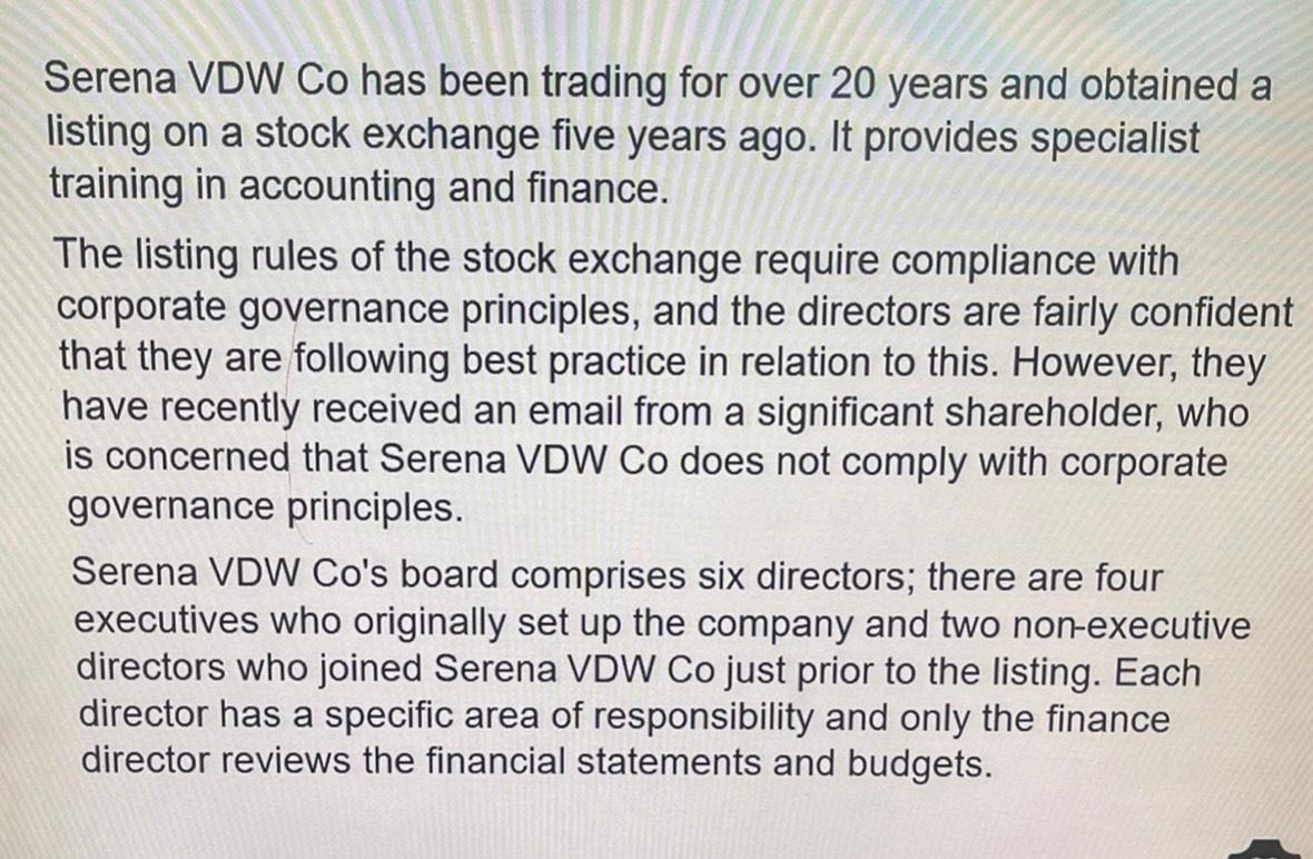 Serena VDW Co has been trading for over 20 years and obtained a listing on a stock exchange five years ago. It provides speci