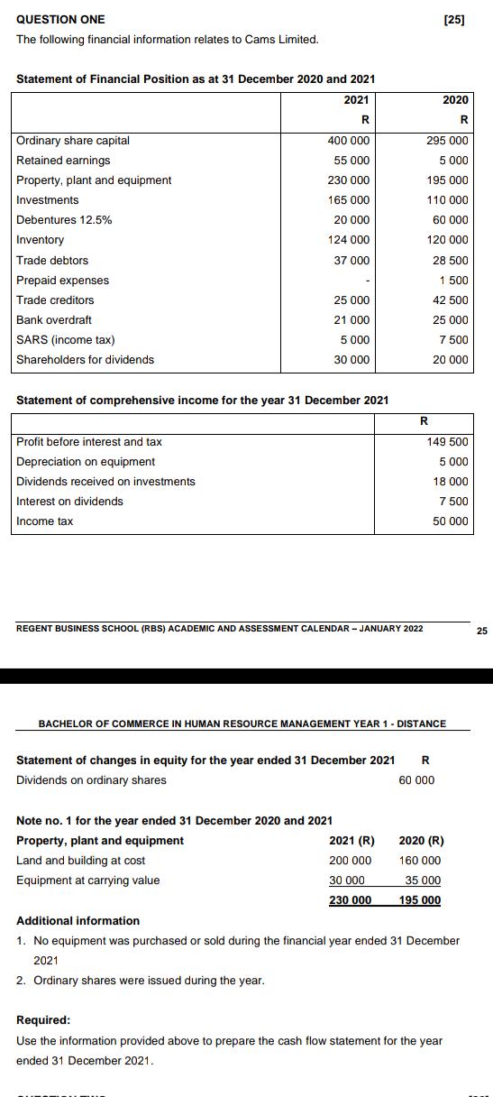 QUESTION ONE [25] The following financial information relates to Cams Limited. Statement of Financial Position as at 31 Decem